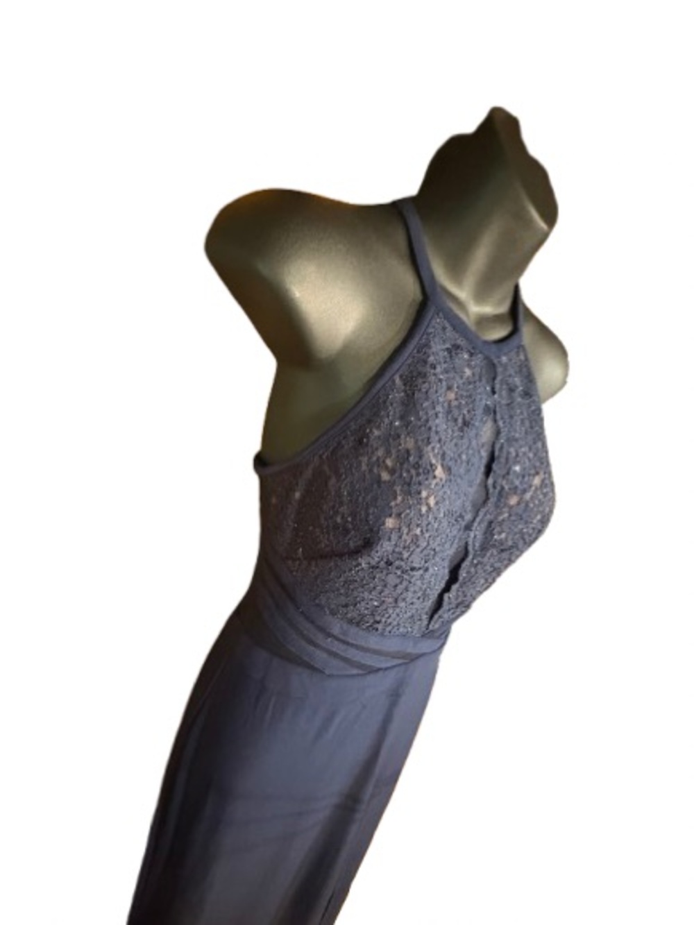 Morgan & Co
Navy Blue Lace Halter Gown floral lace halter-style bodice size 5 - Picture 7 of 14